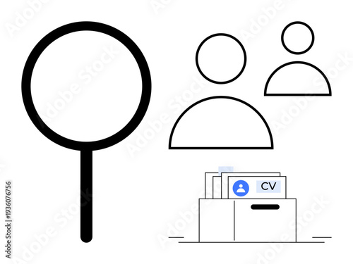 Recruitment concept. Recruitment tools such as magnifying glass, candidate profiles, and CV database highlight employment search. Recruitment supports hiring, HR, workforce management, and job