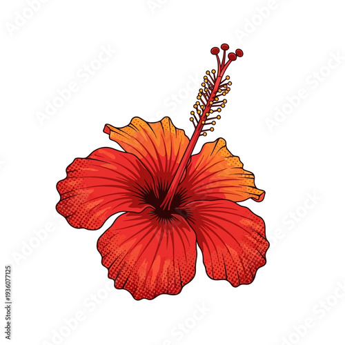 Vibrant Vector Illustration of a Bold Tropical Red Hibiscus Flower, Hand-Drawn Style for Hawaiian and Exotic Themes, Botanical Art