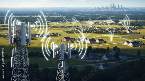 Rural landscape with cellular towers radiating signals towards homes and a distant city