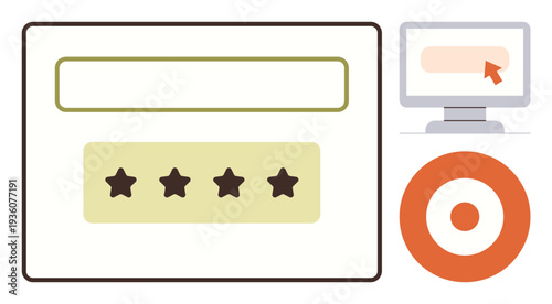 Cybersecurity, password management, user authentication, secure browsing, online protection, data safety. Password input with star ratings, a computer screen and a target icon. Cybersecurity