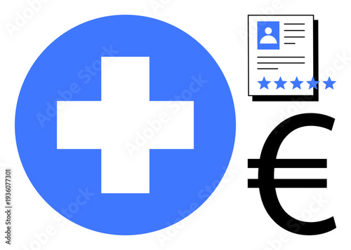 Blue healthcare cross with profile evaluation sheet featuring star ratings and euro currency symbol. Ideal for healthcare, finance, insurance, HR, recruitment, ratings, economic analysis
