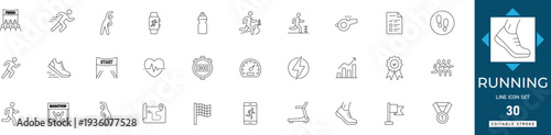 Running line icon set featuring jogging, marathon, athletics, fitness, training, exercise, and workout. Professional editable vector set for sports.
