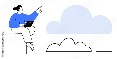 Cloud computing concept. Person with a laptop exploring digital cloud solutions and connectivity. Cloud computing driving innovation, technology, and data management. Perfect for IT, tech solutions