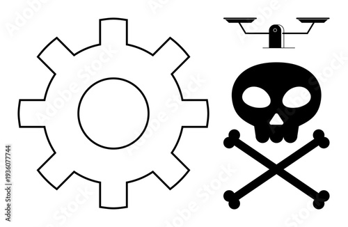 Cybersecurity, hazard warning, surveillance, digital ethics, industrial safety, technology risks. Gear symbol, skull with crossbones and surveillance camera. Reflects cybersecurity and hazard