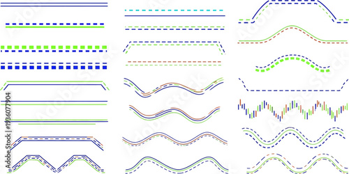 Decorative dashed line divider set with colorful ornamental border designs