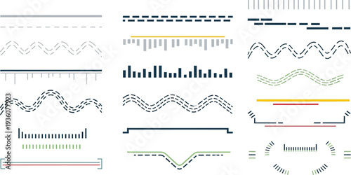 Decorative dashed line divider set with colorful ornamental border designs
