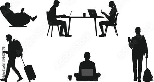Silhouettes of people working on laptops, using smartphones, traveling with luggage, and giving business presentations on white background.