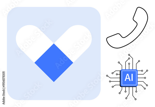 Digital healthcare, AI technology, telemedicine, medical innovation, connectivity, support systems. Heart-shaped icon, AI chip and telephone symbol on a light background. Digital healthcare and AI