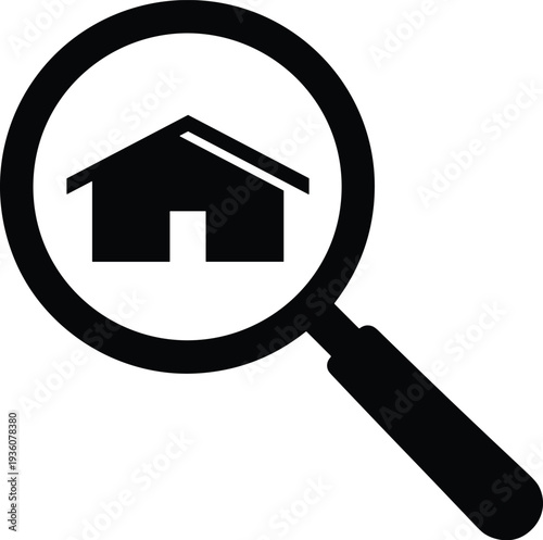 Minimal vector silhouette, property search icon (house inside magnifying glass), solid black, isolated on white.