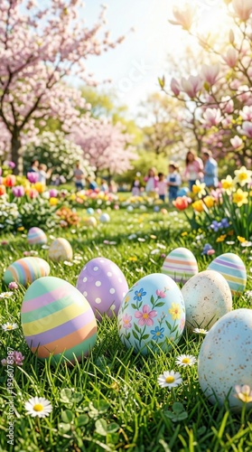 Colorful Easter Eggs in Green Grass Spring Blossom Family Fun