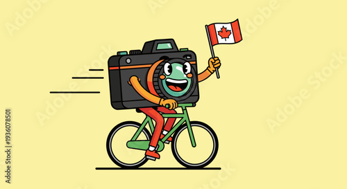 Cartoon Delivery Man Riding Bicycle with Suitcase.