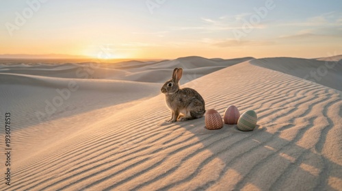 Easter bunny with decorated eggs on desert sand dune at sunset