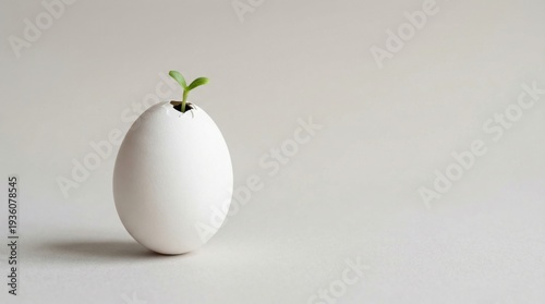 Green sprout growing from eggshell new life concept