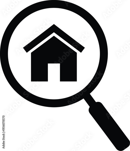Minimal vector silhouette, property search icon (house inside magnifying glass), solid black, isolated on white.
