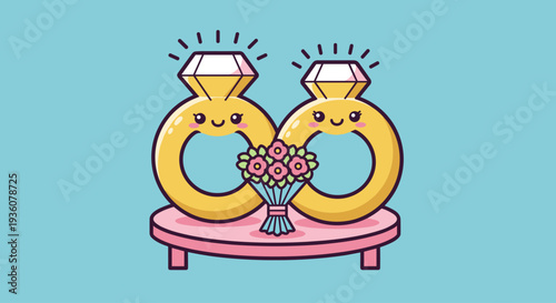 Cartoon Wedding Rings with Smiling Faces.