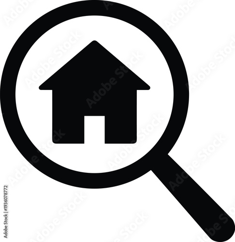 Minimal vector silhouette, property search icon (house inside magnifying glass), solid black, isolated on white.