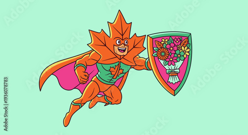 Cartoon Sun Character with Shield Flying.