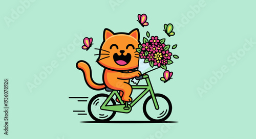 Cartoon Cat Riding Bicycle with Flowers.