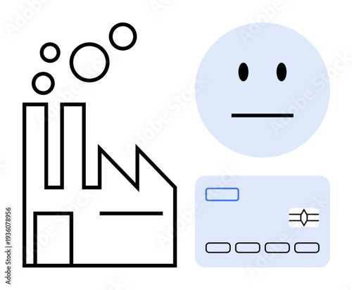 Industrial processes, digital identity, financial technology, automation, payments, manufacturing. Factory outline, face and credit card symbols. Industrial processes and digital identity concept