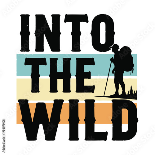 Hiker ventures into the wild with backpack and trekking poles at sunset tshirt design