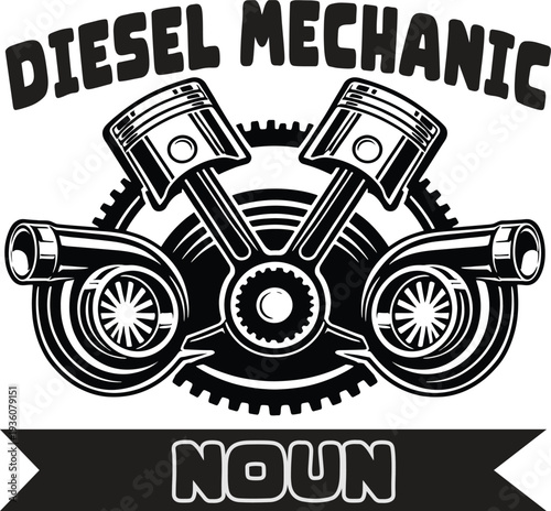 Diesel mechanic logo with engine parts and text