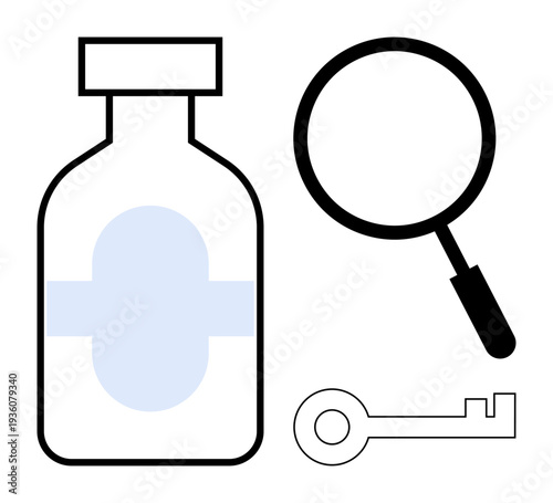 Healthcare concept. Medicine, analysis, and security by a medicine bottle, magnifying glass, and key. Healthcare research, protection and access . For medical security data study research