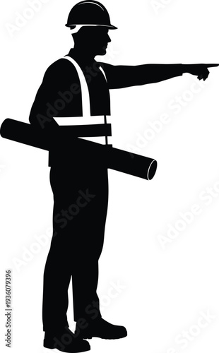 Minimal vector silhouette, construction worker wearing helmet holding blueprint, solid black, isolated on white.