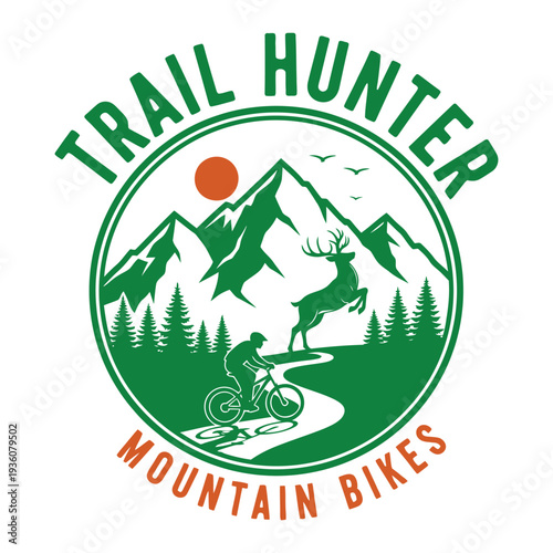 Trail Hunter Mountain Bikes logo with green and orange colors and mountain scenery tshirt design