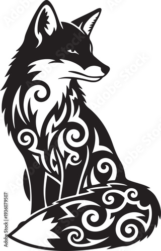 Tribal Fox Vector Illustration - Stylized Black and White Animal Silhouette with Celtic Swirl Patterns