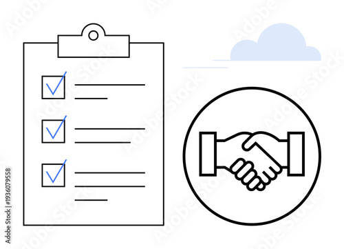 Agreement concept. Agreement highlighted through a checklist and handshake cooperation and completed tasks. Agreement builds trust and ensures clarity. For business deals, teamwork, project