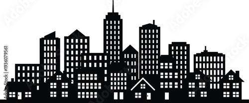 Minimal vector silhouette, city skyline with residential buildings, solid black, isolated on white.