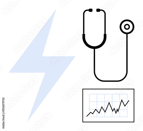Medical innovation, telemedicine, health monitoring, diagnostics, energy, data analysis. Stethoscope, graph and lightning symbol are visible. Medical innovation and telemedicine theme highlighted