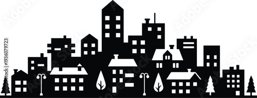 Minimal vector silhouette, city skyline with residential buildings, solid black, isolated on white.