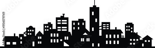 Minimal vector silhouette, city skyline with residential buildings, solid black, isolated on white.
