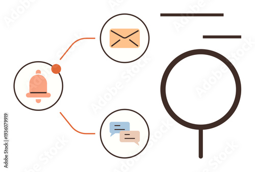 Communication, notifications, email management, search functionalities, social interaction, message tracking. Icons of bell, envelope message magnifying glass. Communication and notification