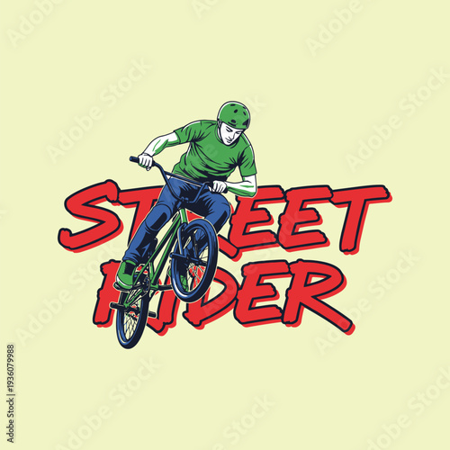 Bicycle rider performing tricks on a bike with street rider logo tshirt design