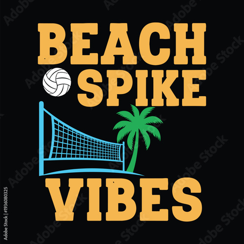 Beach volleyball graphic with palm tree and net on black background tshirt design
