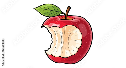 A bitten red apple with a green leaf on a white background.