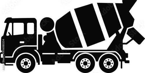 Minimal vector silhouette, cement mixer truck in side view, solid black, isolated on white.