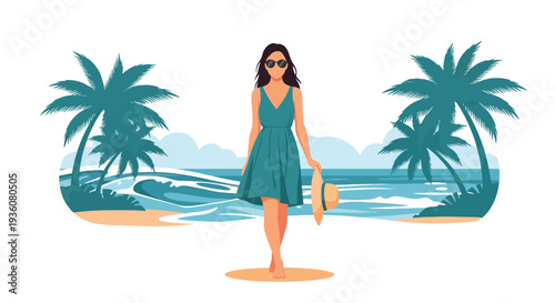 Modern vector illustration of young woman walking on sunny beach wearing summer dress and sunglasses, relaxed vacation lifestyle with ocean waves and tropical atmosphere