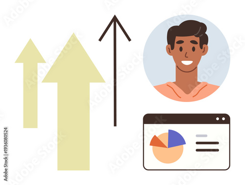 Business growth, success, data tracking, performance analytics, personal achievement, career planning. Rising arrows, smiling person and chart dashboard. Business growth and success