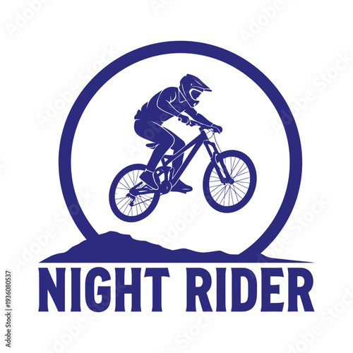 Night rider cycling logo with a mountain biker in a blue circle tshirt design