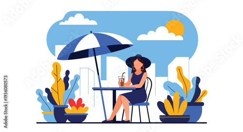 Modern vector illustration of woman enjoying iced coffee at outdoor cafe under umbrella, bright sunny city lifestyle and relaxed summer leisure atmosphere