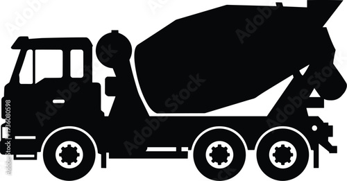 Minimal vector silhouette, cement mixer truck in side view, solid black, isolated on white.