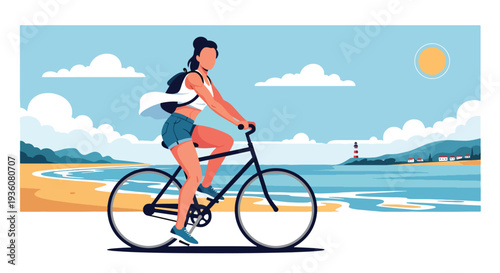 Modern vector illustration of woman riding bicycle along seaside promenade in stylish summer outfit, active healthy lifestyle and coastal vacation concept