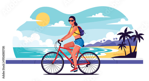 Modern vector illustration of woman riding bicycle along seaside promenade in stylish summer outfit, active healthy lifestyle and coastal vacation concept