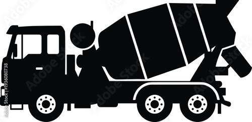 Minimal vector silhouette, cement mixer truck in side view, solid black, isolated on white.