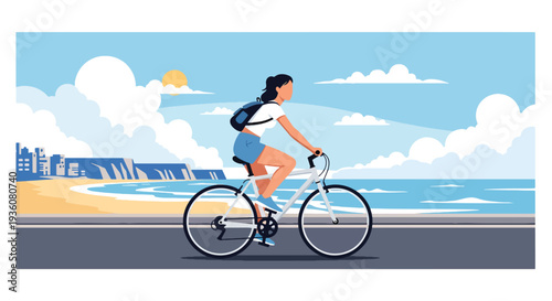Modern vector illustration of woman riding bicycle along seaside promenade in stylish summer outfit, active healthy lifestyle and coastal vacation concept