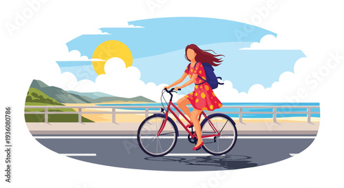 Modern vector illustration of woman riding bicycle along seaside promenade in stylish summer outfit, active healthy lifestyle and coastal vacation concept