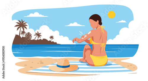 Modern vector illustration of woman applying sunscreen at beach with ocean background, summer skincare protection and healthy vacation lifestyle concept
